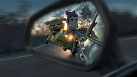 Anime-style 8K Ultra HD wallpaper featuring Popuko and Pipimi from Pop Team Epic, shown with dynamic motion reflected in a car side mirror.