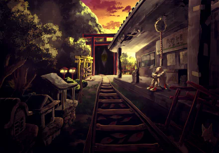 Anime-style sunset at a quiet train station with glowing eyes reflected in shadows, framed by trees and traditional lanterns, creating a moody HD desktop wallpaper.