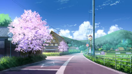 HD anime desktop wallpaper featuring a scenic road with cherry blossom trees under a clear blue sky with fluffy clouds. Traditional houses and lush green hills complete the serene landscape.