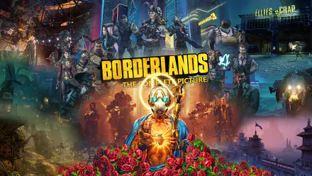 HD desktop wallpaper featuring characters and scenes from the video game Borderlands 3. The vibrant collage showcases the game's distinctive art style and iconic characters in an action-packed setting.