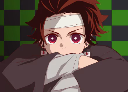 HD anime wallpaper featuring Tanjiro Kamado from Demon Slayer: Kimetsu no Yaiba with intense red eyes and a green checkered background.