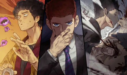 HD PC wallpaper featuring Katsuya Serizawa, Toichiro Suzuki, and Ryo Shimazaki from the anime Mob Psycho 100 in dynamic poses.