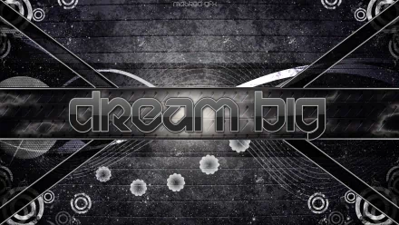 Abstract black HD desktop wallpaper featuring bold geometric lines and circular patterns with the phrase dream big centered in a modern, sleek font.