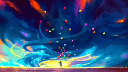 HD desktop wallpaper featuring a child under a sky swirling with vivid colors and floating colorful balloons, offering a whimsical and artistic backdrop.