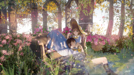 Anime HD desktop wallpaper featuring two characters with brown and long hair, and short hair with green eyes, relaxing amidst vibrant flowers and ancient stone pillars in a lush, sunlit garden.