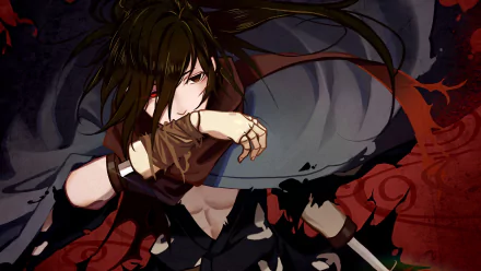 Dark, dramatic 4K Ultra HD PC desktop wallpaper of Hyakkimaru from Dororo: sword poised, tattered cloak and flowing hair against a blood-red, shadowed background.
