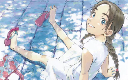 Arumi Asahina — 2K Quad HD PC desktop wallpaper: smiling girl in a white dress with braided hair reclining on sun-dappled stone, sandals and a bottle beside her.