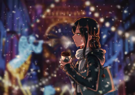 Anime-style HD desktop wallpaper featuring a brown-haired character with yellow eyes, wearing a scarf and carrying a bag, holding a coffee cup amidst a snowy, blurred cityscape.