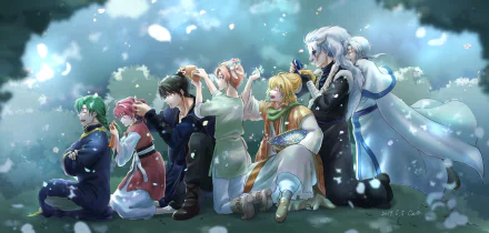 4K Ultra HD anime wallpaper featuring Ki-ja, Shin-Ah, Zeno, Yoon, Hak Son, Yona, and Jae-Ha from Yona of the Dawn, surrounded by falling cherry blossoms.