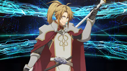 Motoyasu Kitamura (The Rising of the Shield Hero) — blonde armored spearman raising a spear against glowing blue energy strands; 2K Quad HD PC desktop wallpaper.