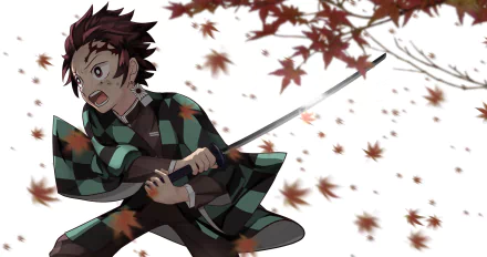 HD PC desktop wallpaper featuring Tanjiro Kamado from the anime Demon Slayer: Kimetsu no Yaiba, poised with his sword amidst falling autumn leaves.