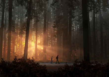 4K Ultra HD Life Is Strange 2 PC wallpaper depicting two characters walking through a dense forest with sunlight streaming through tall trees.