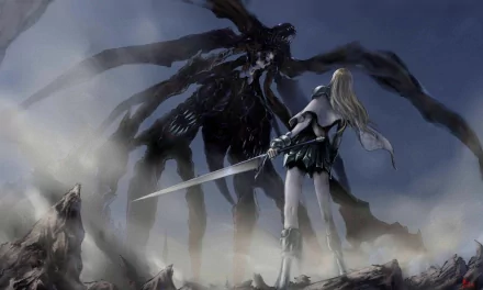 A powerful scene from the anime Claymore, featuring a warrior facing a massive, shadowy creature amidst a dramatic landscape, presented as an HD desktop wallpaper.