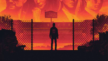 4K Ultra HD PC desktop wallpaper featuring a silhouette against a fiery orange backdrop with Mr. Robot TV show characters and a fence in the foreground.