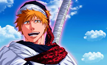 HD anime desktop wallpaper featuring Ichigo Kurosaki from Bleach, smiling confidently against a vibrant blue sky with white clouds.