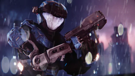 HD PC desktop wallpaper featuring Kat-B320 from the video game Halo: Reach, depicted in detailed armor holding a weapon amid a rainy, neon-lit backdrop.