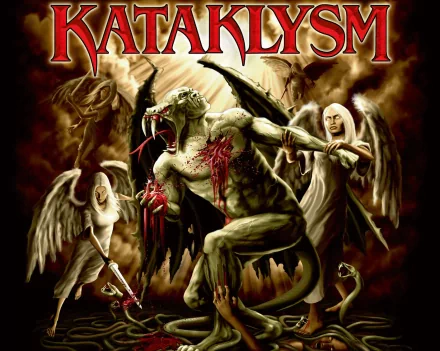HD PC desktop wallpaper and music artwork: Kataklysm metal image of a wounded horned demon fighting bloodied angels beneath a stormy, fiery sky, the Kataklysm logo looming above.