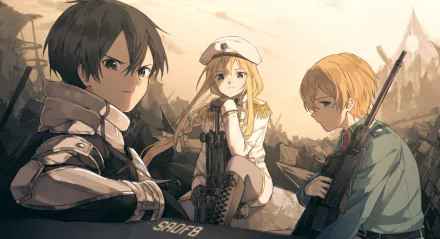 HD desktop wallpaper featuring Eugeo, Kirito (Kazuto Kirigaya), and Alice Zuberg from the anime Sword Art Online: Alicization, depicted in a detailed, dramatic scene.