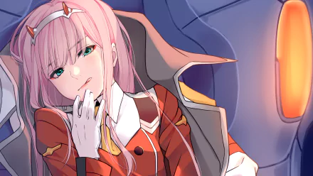 Zero Two from Darling in the FranXX in a detailed 4K Ultra HD anime wallpaper, showcasing her iconic pink hair and red uniform against a futuristic background.