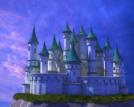 A majestic, man-made castle with turquoise spires rises against a dramatic purple sky, creating a captivating HD desktop wallpaper and background.