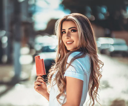 popsicle ice cream long hair brunette smile depth of field woman model HD Desktop Wallpaper | Background Image