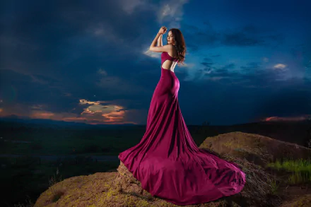 purple dress black hair dress woman model HD Desktop Wallpaper | Background Image