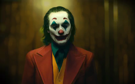 4K Ultra HD PC desktop wallpaper featuring the Joker from the movie, shown with clown makeup and a red suit in a dimly lit setting.