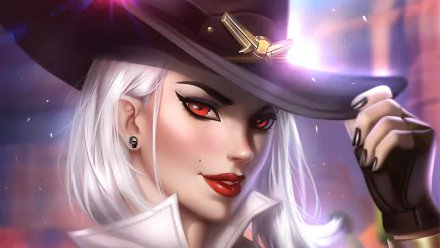 HD desktop wallpaper of Ashe from Overwatch featuring her white hair, red eyes, and signature hat with bold makeup and a confident expression.