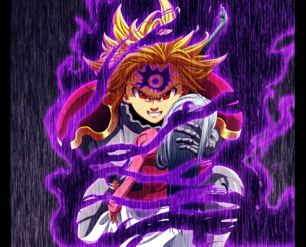 HD PC desktop wallpaper featuring Meliodas from the anime The Seven Deadly Sins, depicted with intense purple energy and rain effects.