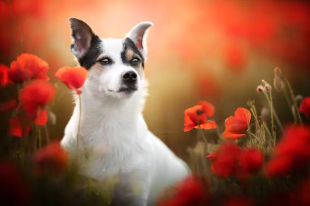 terrier red flower poppy flower Animal dog HD Desktop Wallpaper | Background Image