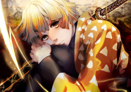 HD PC desktop wallpaper featuring Zenitsu Agatsuma from the anime Demon Slayer: Kimetsu no Yaiba, showcasing his intense gaze and iconic yellow-orange patterned haori.