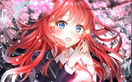 HD wallpaper of Itsuki Nakano from The Quintessential Quintuplets, featuring her blushing face with blue eyes and red hair surrounded by pink blossoms.