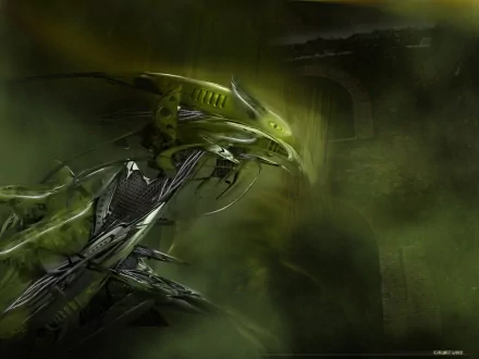 Abstract green HD desktop wallpaper featuring a futuristic robot with intricate details, set against a dark, technology-themed background.