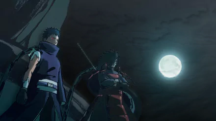 HD PC desktop wallpaper from Naruto Shippuden: Ultimate Ninja Storm 4 featuring Madara Uchiha and Obito Uchiha standing under a moonlit night.