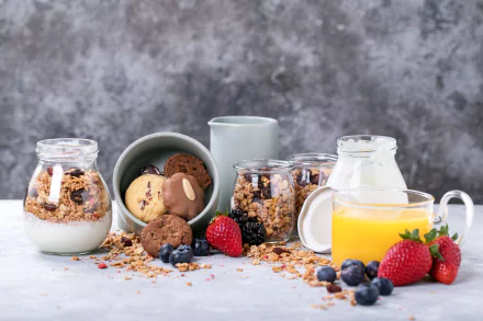 still life granola yogurt juice cookie berry food breakfast HD Desktop Wallpaper | Background Image