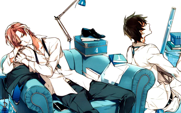Anime HD desktop wallpaper featuring Tadaomi Shirotani and Riku Kurose from Ten Count, seated on a blue couch surrounded by books and a desk lamp.