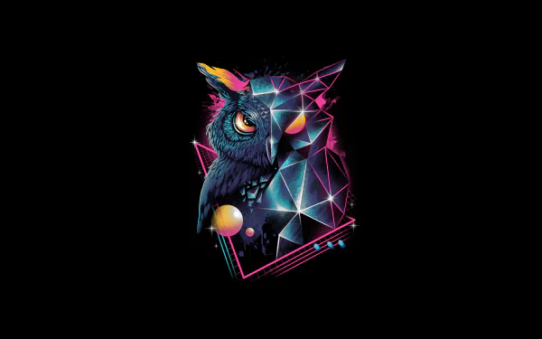 Artistic retro owl design in neon colors with geometric lines and shapes, rendered in 4K Ultra HD as a striking PC desktop wallpaper background.