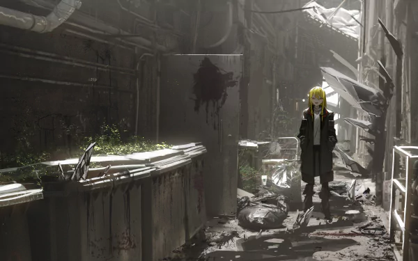 HD desktop wallpaper featuring an original anime character with blonde hair and orange eyes, standing in a dimly lit, debris-filled alley with splatters on the wall and scattered foliage.