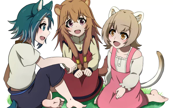 A vibrant HD wallpaper featuring Raphtalia, Rifana, and Keel from The Rising of the Shield Hero, showcased in a playful, animated scene, highlighting their lively expressions and character designs.