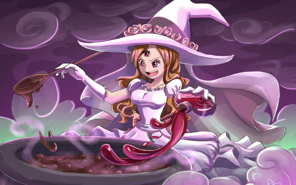 HD anime desktop wallpaper featuring Charlotte Pudding from One Piece dressed as a witch stirring a cauldron with a playful expression against a purple, cloudy background.