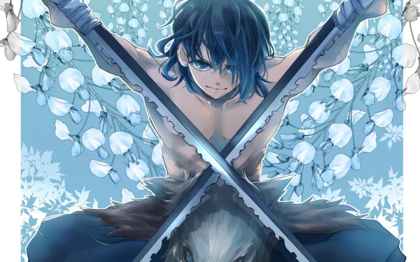 HD wallpaper featuring Inosuke Hashibira from the anime Demon Slayer: Kimetsu no Yaiba, showcasing him holding two swords in front of a floral backdrop.