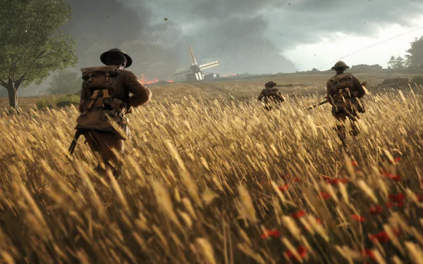 HD PC wallpaper featuring a World War I battlefield scene from the video game Battlefield 1, showing soldiers advancing through a wheat field toward a distant windmill.