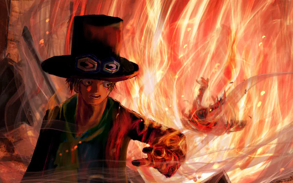Sabo (One Piece) in a top hat summoning roaring flames in an anime-style action scene — 4K Ultra HD PC desktop wallpaper background.