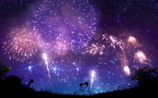 HD PC desktop wallpaper featuring Akaza from Demon Slayer: Kimetsu no Yaiba silhouetted against a vibrant night sky filled with colorful fireworks.