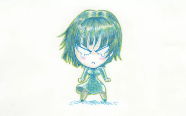 Chibi Fubuki (One-Punch Man Season 2) sketch in teal, pouting with hands on hips on a white background — anime HD PC desktop wallpaper.