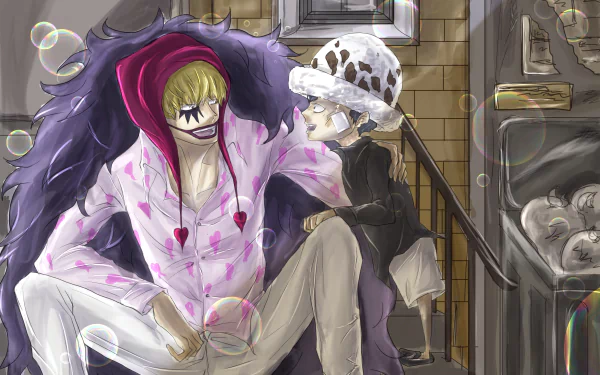 HD anime wallpaper featuring Donquixote Rosinante (Corazon) and Trafalgar Law from One Piece, showcasing a detailed and vibrant scene with bubbles and warm lighting.