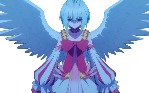 Fitoria from The Rising of the Shield Hero with blue hair, wearing an ornate dress and large wings, depicted in detailed anime style as an HD PC desktop wallpaper background.