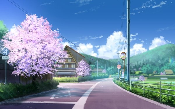 Anime Road Cloud Sky Tree HD Wallpaper | Background Image