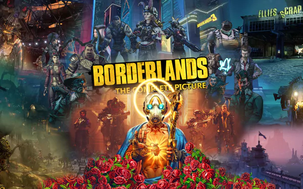 HD desktop wallpaper featuring characters and scenes from the video game Borderlands 3. The vibrant collage showcases the game's distinctive art style and iconic characters in an action-packed setting.