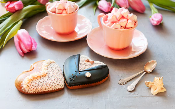 love heart-shaped pink flower tulip cup cookie still life marshmallow bride groom holiday wedding HD Desktop Wallpaper | Background Image